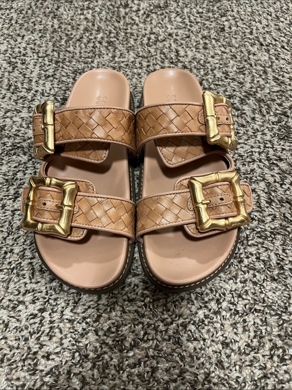 Schutz Ebola Tan Woven Double-Buckle Sandals